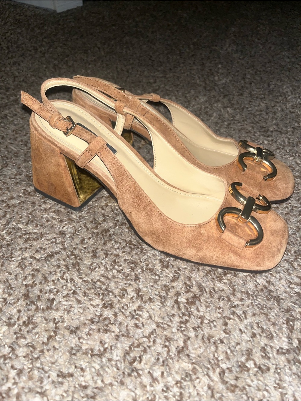 Women's Suede Slingback Block Heel Sandals in Tan Nine West